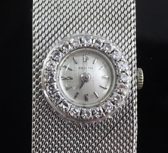 A ladys 18ct white gold and diamond set Zenith manual wind bracelet watch, 16cm.